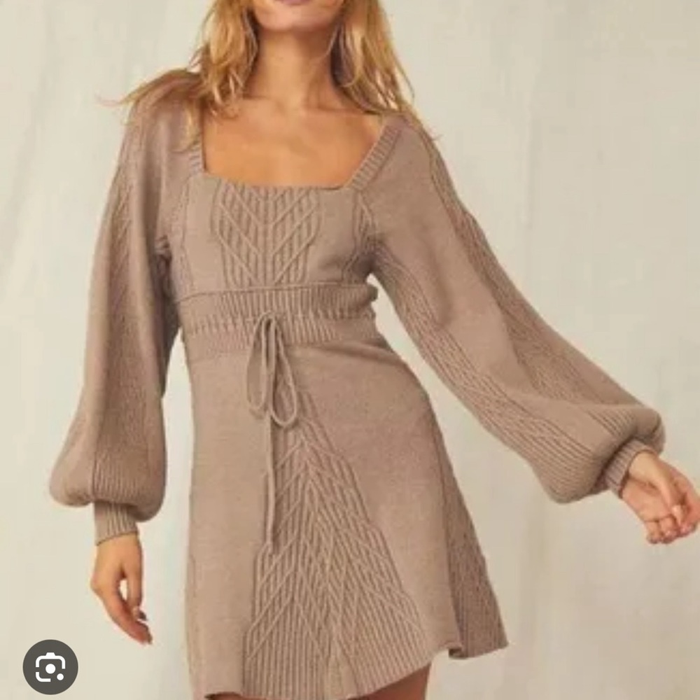 Free People Womens Emmaline Cable Knit Sweater Dress Cut Out Size M Beige Taupe